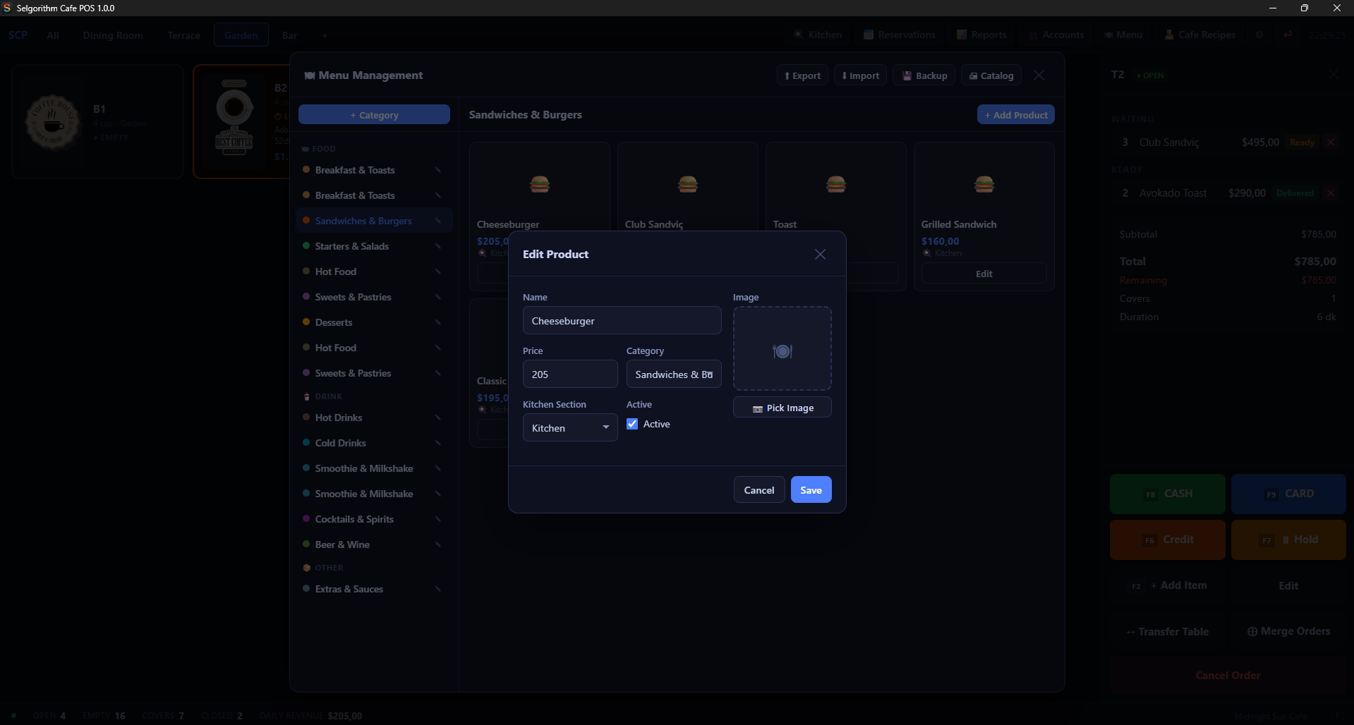 Menu editing — categories and items