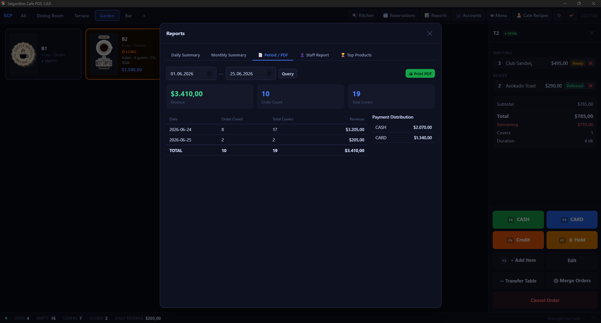 Reports screen — sales and shift summary